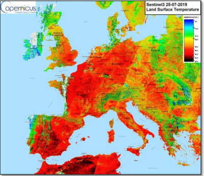 Land Surface Temperature Sentinel 25-07-2019. Courtesy Copernicus