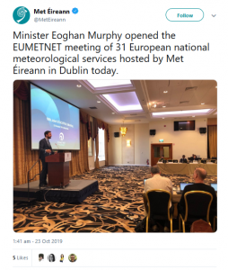 Tweet of Minister Eoghan Murphy launching the EUMETNET meeting in Dublin in October