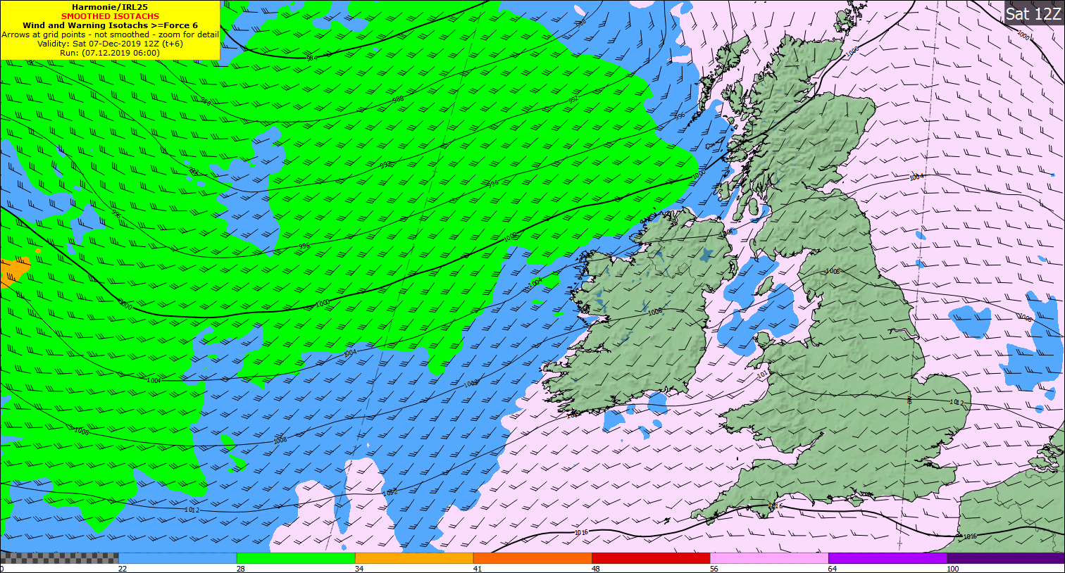 This gif is the Met Éireann high resolution model, HARMONIE, with the forecast pressure and wind associated with Storm Atiyah. The colours indicate the warning levels.