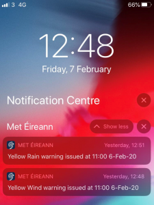 example of received Met Éireann push notifications on a phone homescreen