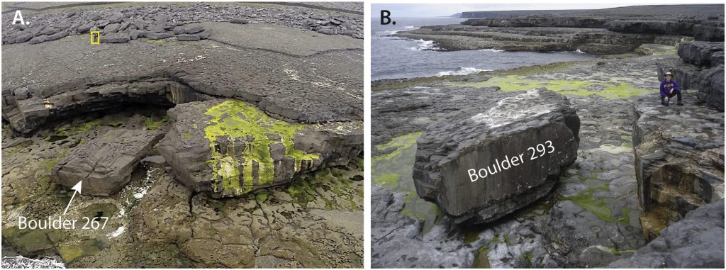 An example of the large boulders, some weighing over 600 tonnes, that were moved by large storm waves on the west coast of Ireland during the winter of 2013/2014 (Cox et al., 2018; see link to research paper below).