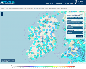 WOW map - temperature values at stations- colour matches legend scale