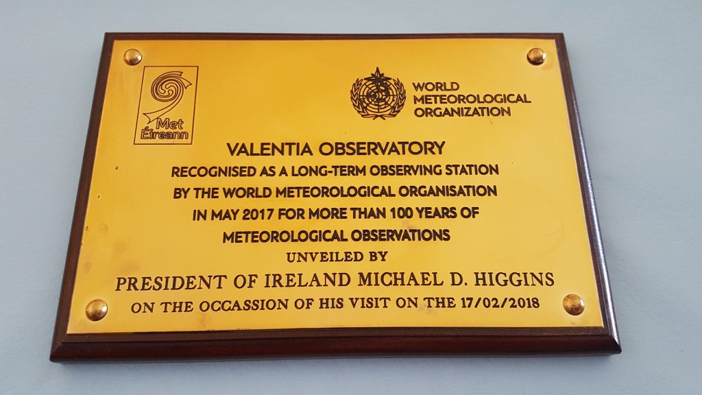 Image of plaque at Valentia Observatory marking its recognition as a long-term observing station by the WMO