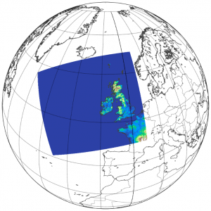 The geographical area over which Met Éireann runs its operational NWP forecasts is highlighted in colour.