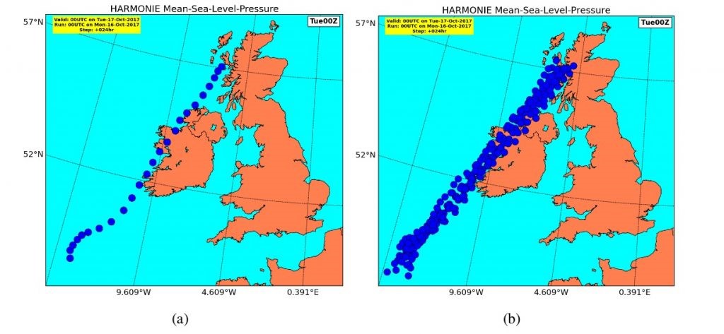 (a) Projected track of the central low pressure of Ophelia over a 24-hour period from the operational run of HARMONIE-AROME at 0000 UTC on the 16th of October. (b) Projected track of the central low pressure of Ophelia over the same period for each of the ensemble members of IREPS – this illustrates the confidence we could have in the track of Ophelia.