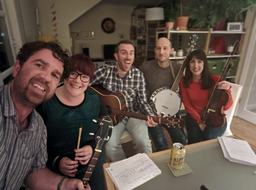 Ceo band lineup - L-R Dónal Black, Sarah Gallagher, Alan Hally, Colm Clancy, Linda Hughes