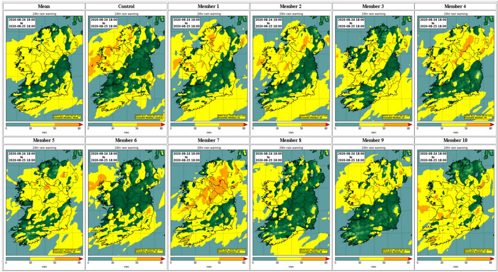 Figure 3. Met Éireann's high-resolution Ensemble Prediction System (IREPS) showing the range of possibilities of 24 hour rainfall amounts.