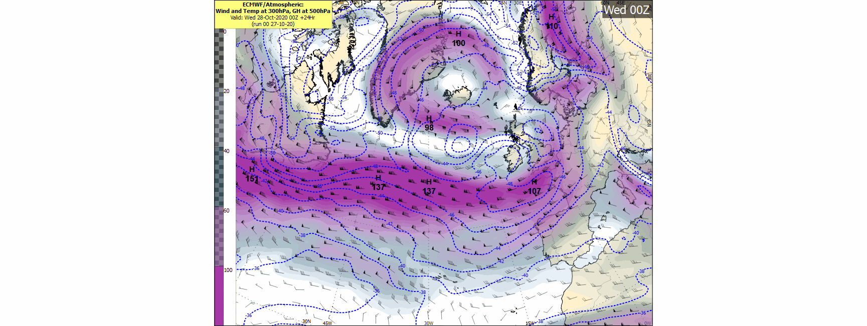 (Fig 1: The Jet-Stream across the North Atlantic is expected to intensify this week with speeds in excess of 165 knots forecast at a height of 300hPa by 00UTC Saturday October 31st. Forecast chart issued by ECMWF)