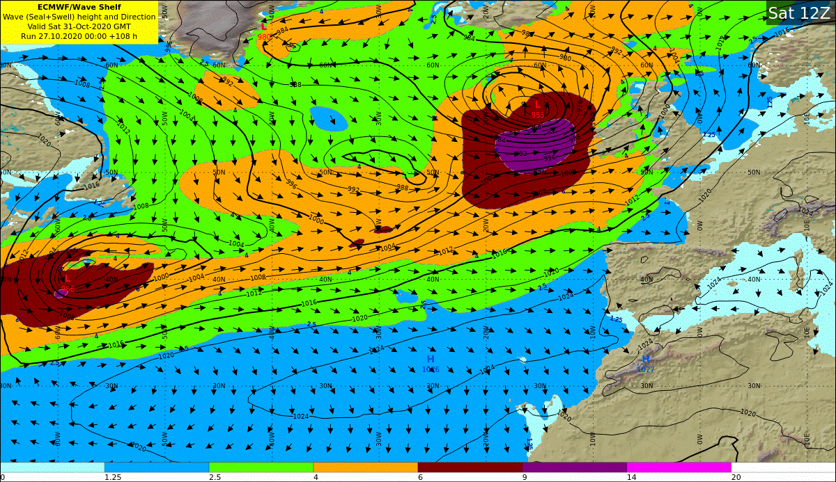 (Fig 4: Total Sea and Swell Height & Direction forecast for 12UTC Saturday 31st October from ECMWF deterministic model, illustrating the high seas and swell forecast off the west coast of Ireland on Saturday)