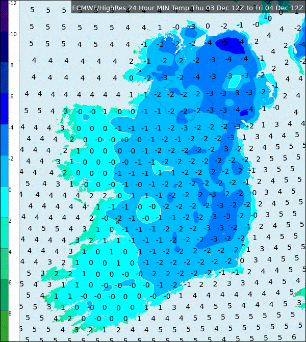 Figure 2: Minimum air temperatures forecast to occur between Thursday night and Friday morning (3-4 December) from the ECMWF deterministic model