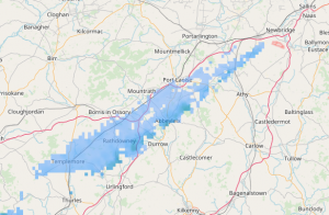 Example of a 'spoke' interference on the radar map. Map image courtesy OpenStreetMaps