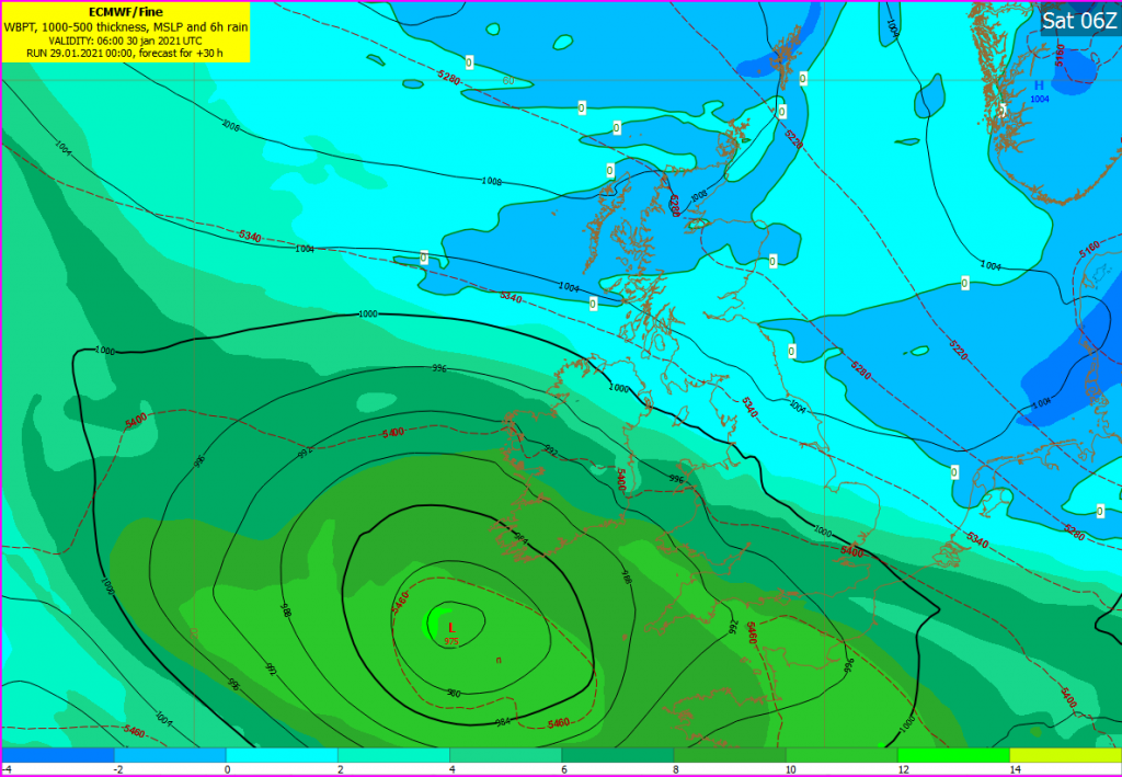 ECMWF: WBPT, 1000-500 thickness, MSLP and 6h rain chart for Sat 06Z