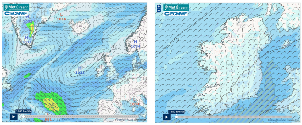 10-day Forecast Charts: Wind Barb Atlantic and Ireland (3 zoom levels)