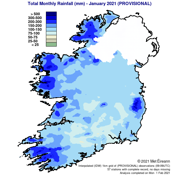 Total monthly Rainfall map of Ireland - January 2021 (provisional)