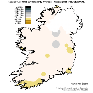 Rainfall % of 1981 - 2010 Monthly Average for August 2021 (Provisional)
