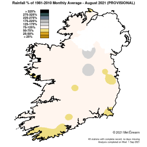 % Báistí 1981 - 2010 Meán Míosúil do Lúnasa 2021 (Sealadach)