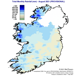 Báisteach Iomlán Míosúil (mm) do Lúnasa 2021 (Sealadach)