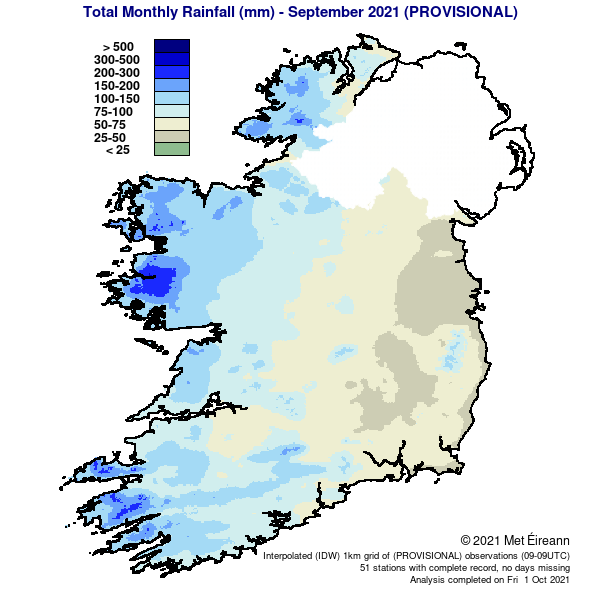 map of Total Monthly Rainfall (mm) - September 2021 (Provisional)