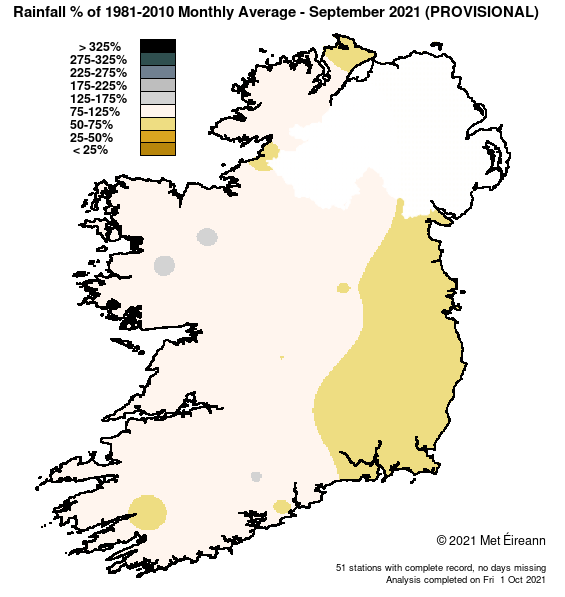 % Báistí 1981-2010 Meán Míosúil - Meán Fómhair 2021 (Sealadach)