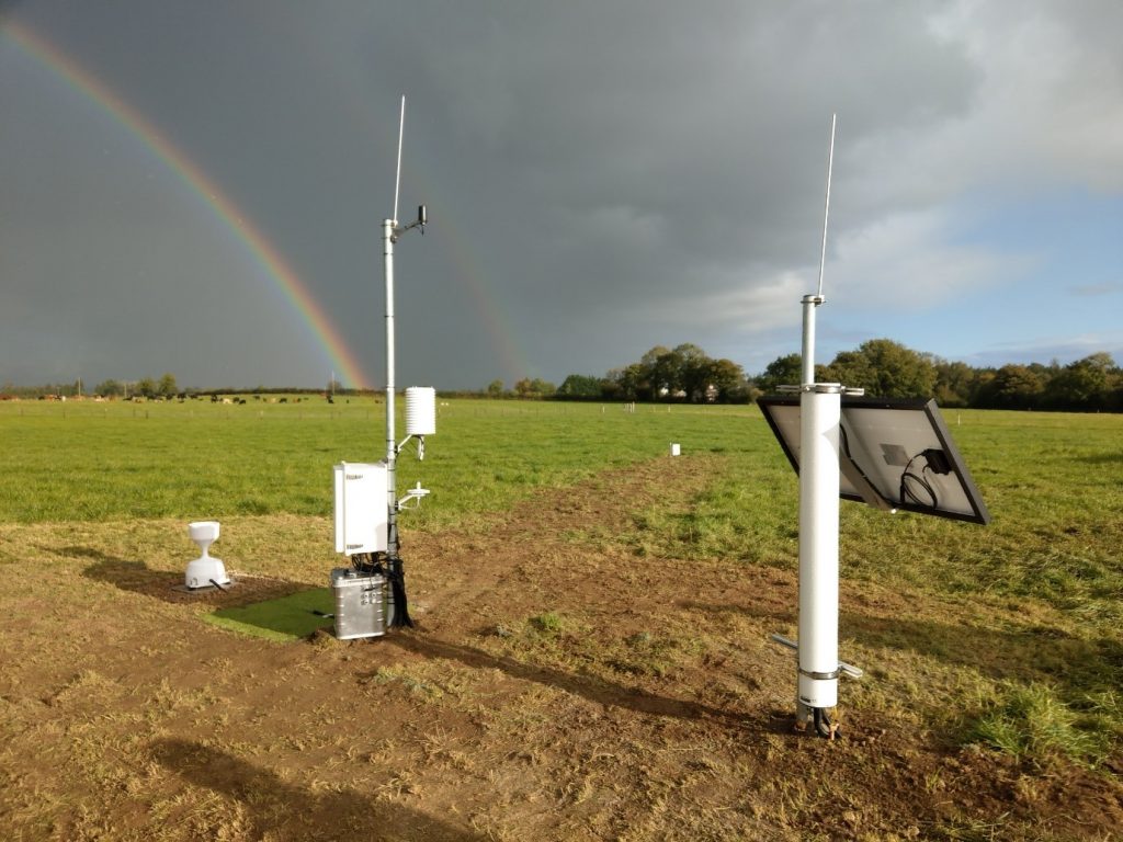 Soil Moisture Monitoring station at Irish Farmers Journal Tullamore Demonstration Farm, Co. Offaly, where ISMON was launched 5 October 2021. On the right the Cosmic Ray Neutron Sensor with solar panel, in the middle the data logger, air and grass thermometer, and relative humidity sensor, and on the left the rain gauge to measure precipitation. In the distance the junction box shows the location of soil moisture probes. Photo by Tamara Hochstrasser 5 October 2021