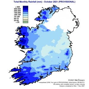 Báisteach Míosúil Iomlán (mm) do Dheireadh Fómhair 2021 (Sealadach)