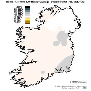 Rainfall % of 1981 - 2021 Monthly Average for December 2021 (Provisional)