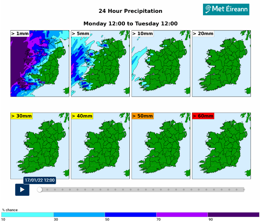 24-Hour Precipitation Probability Forecast Map - 17/01/2022 12:00 to 18/01/2022 12:00