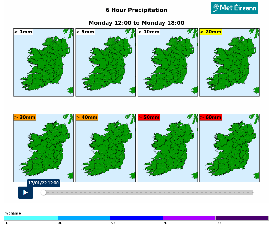 6 Hour precipitation probability Forecast Map - 17/01/2022 12:00 - 18:00