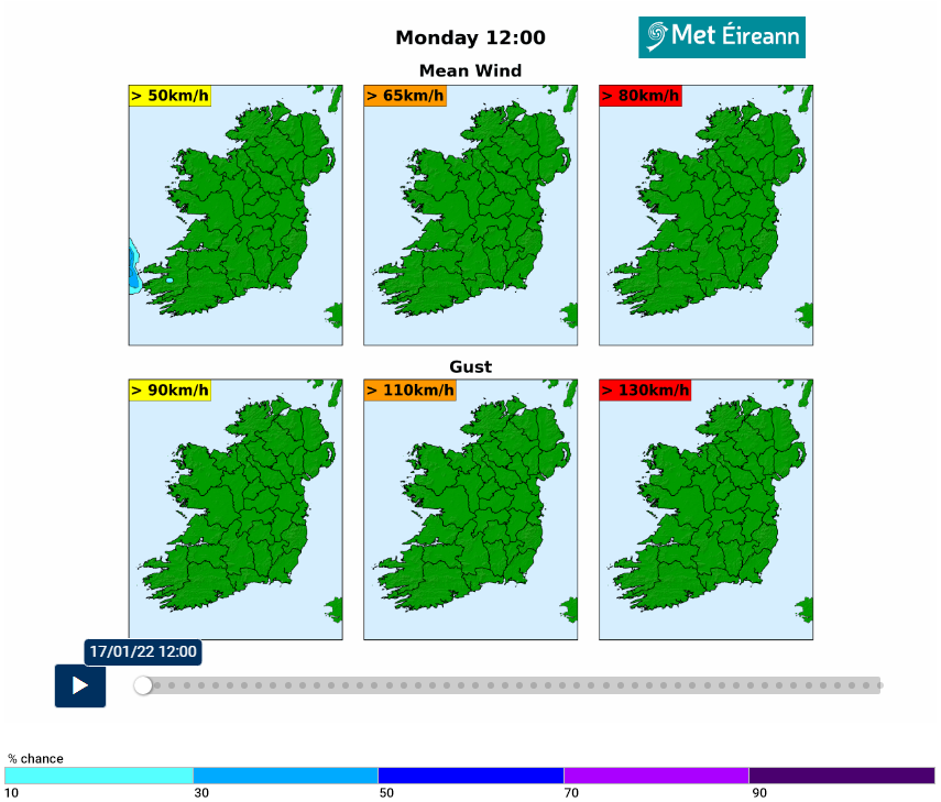 Mean wind and mean gust probability forecast map at 12:00 17/01/2022
