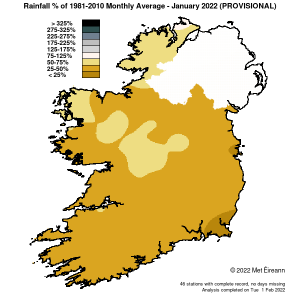 Rainfall % of 1981 - 2021 Monthly Average for January 2022 (Provisional)