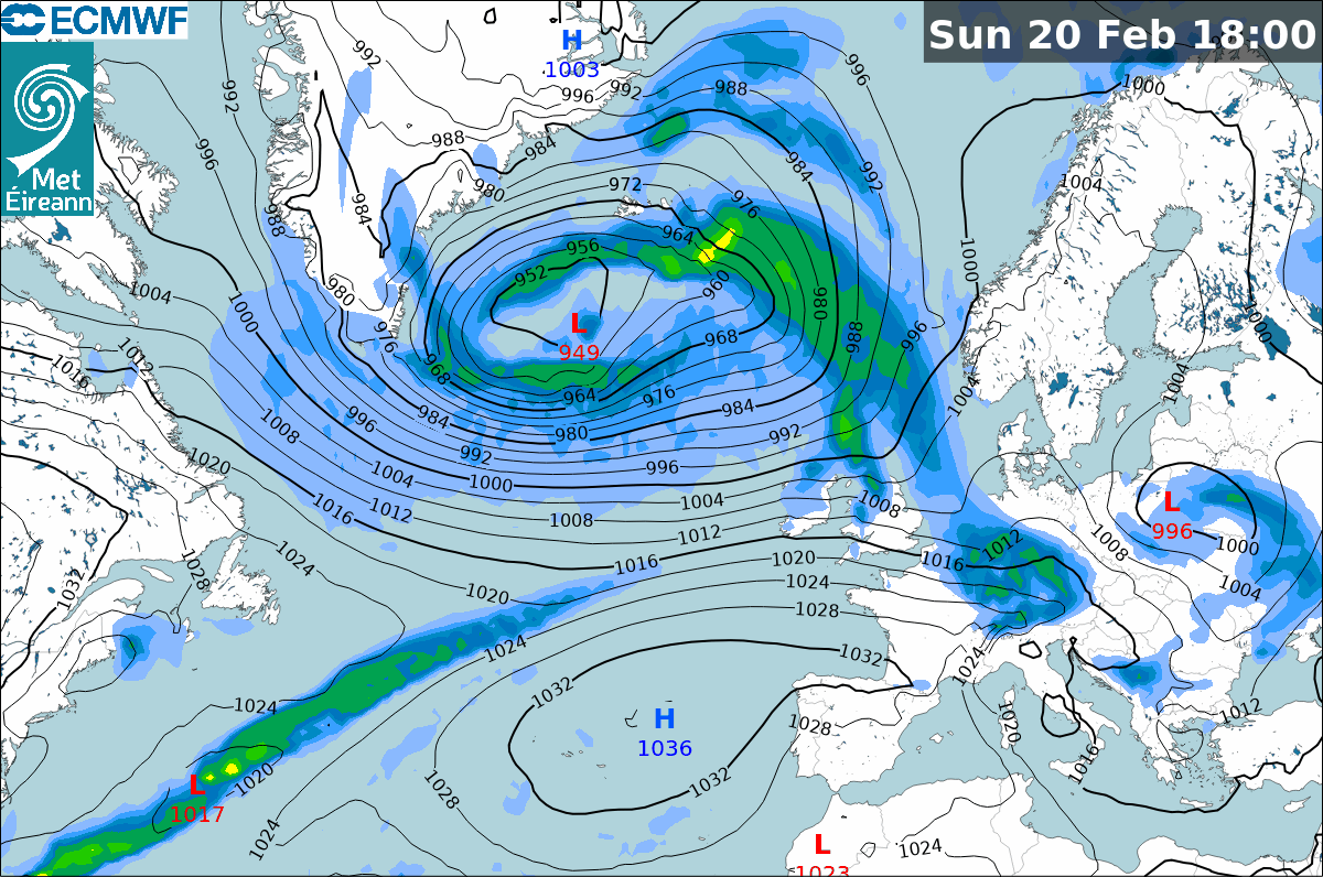 Forecast pressure chart for Sunday 20th February at 1800 showing a band of rain and tight isobars across Ireland.
