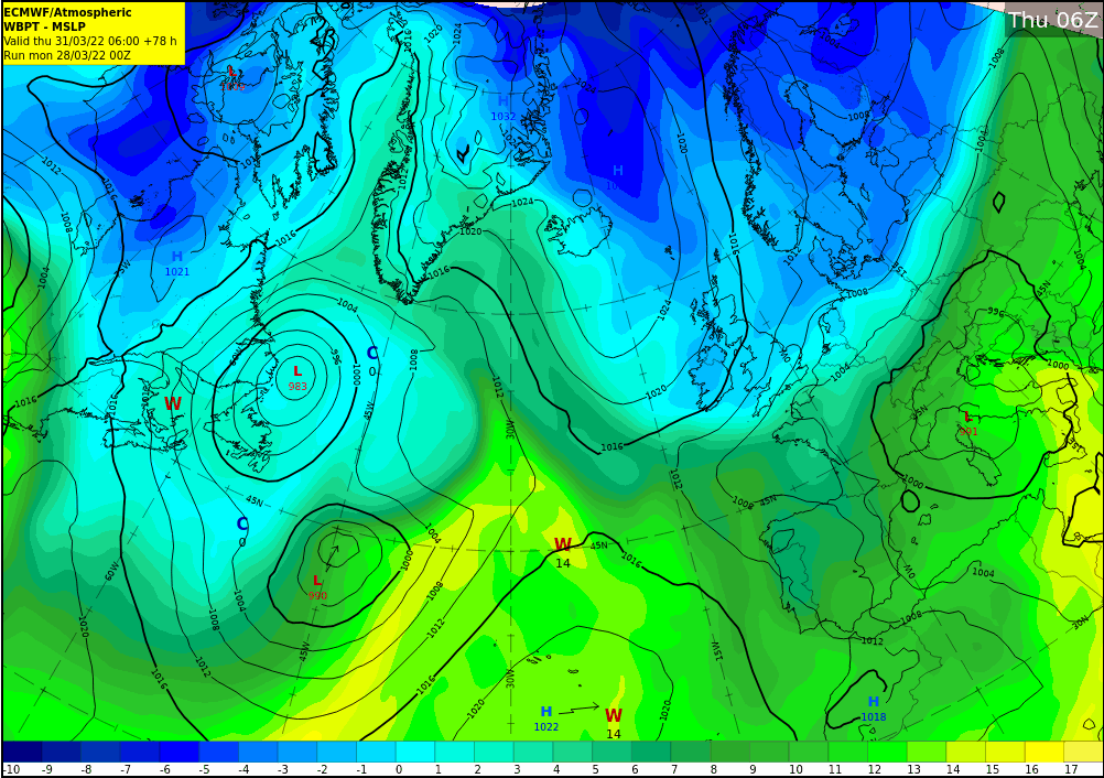 Airmass and pressure chart for Northern Europe for Thursday 31st March, showing a much colder airmass across Ireland.