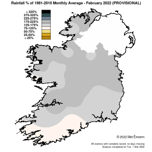 Rainfall % of 1981 - 2021 Monthly Average for February 2022 (Provisional)