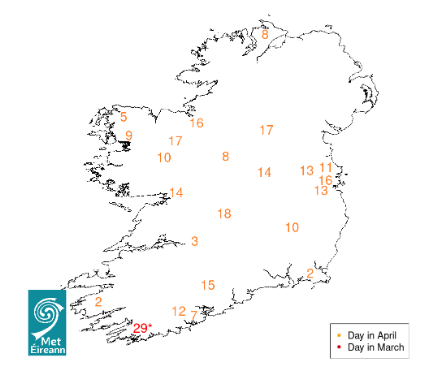Estimated dates in March and April 2022 when peak Nematodirus egg hatching is expected to occur on pasture