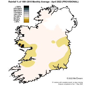 Rainfall % of 1981 - 2021 Monthly Average for April 2022 (Provisional)