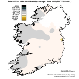 Rainfall % of 1981 - 2021 Monthly Average for June 2022 (Provisional)