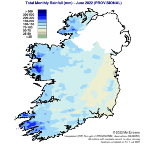 Iomlán na Titime Báistí (mm) do Mhí Mheithimh 2022 (Sealadach)