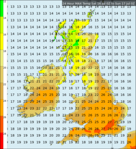 Maximum temperatures Saturday to Sunday