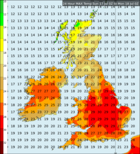 Maximum temperatures Sunday to Monday