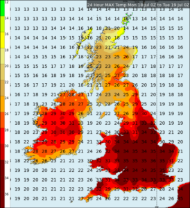 Maximum temperatures Monday to Tuesday