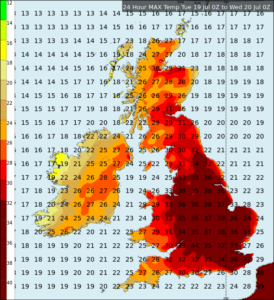 Maximum temperatures Tuesday to Wednesday