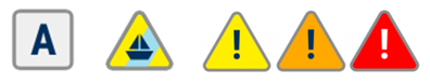 Met Éireann's suite of weather warning icons - Advisory, Small Craft Warning and Yellow, Orange and Red warnings icons for land and marine warnings