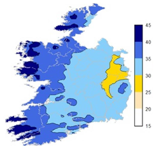 Driving Rain Index for Vertical Surfaces (I.S. EN ISO 15927-3:2009) for the period 1991 – 2020 for the Republic of Ireland. Illustrated classes of exposure: very sheltered (< 20), sheltered (20 – 25), moderate (25 – 30), severe (30 – 35), very severe (35 – 40) and extreme (40 – 45).