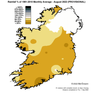 Rainfall % of 1981 - 2021 Monthly Average for August 2022 (Provisional)