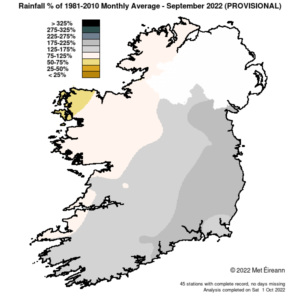 Rainfall % of 1981 - 2021 Monthly Average for September 2022 (Provisional)