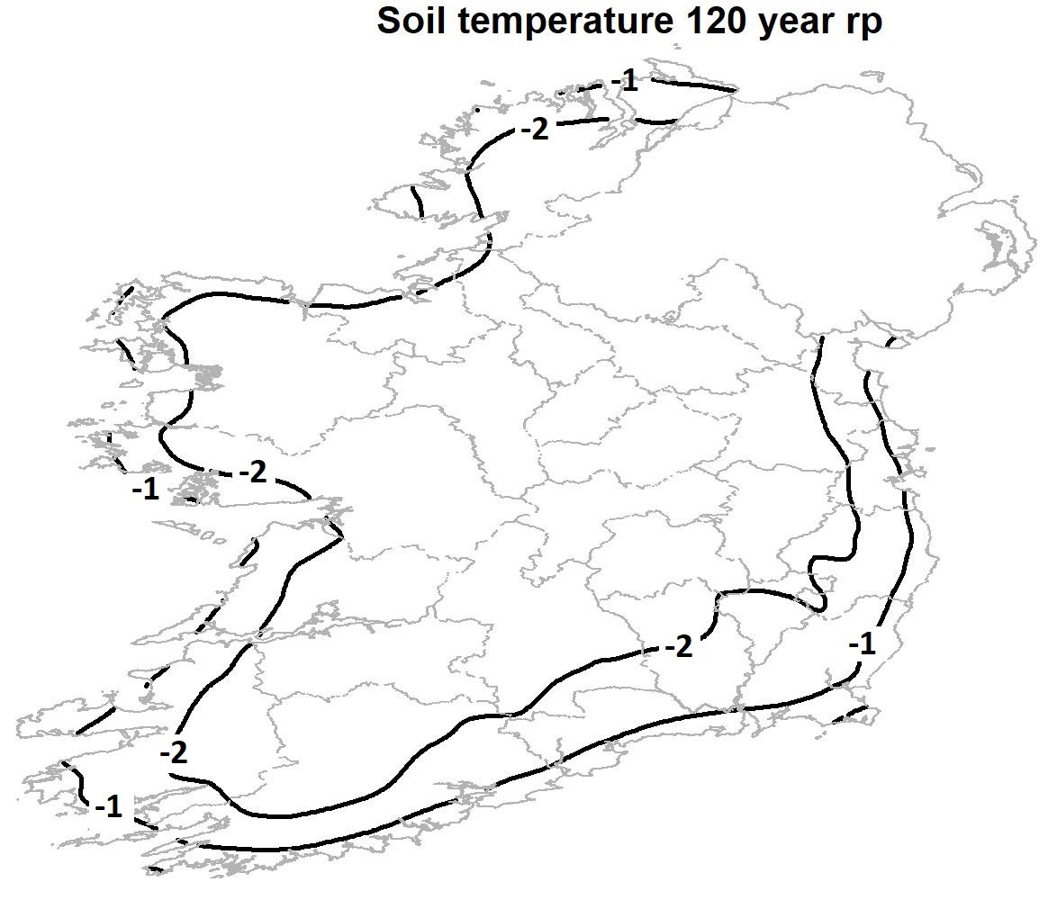 Isotherms of the lowest 10cm soil temperature (°C) for a 120-year return period in Ireland.