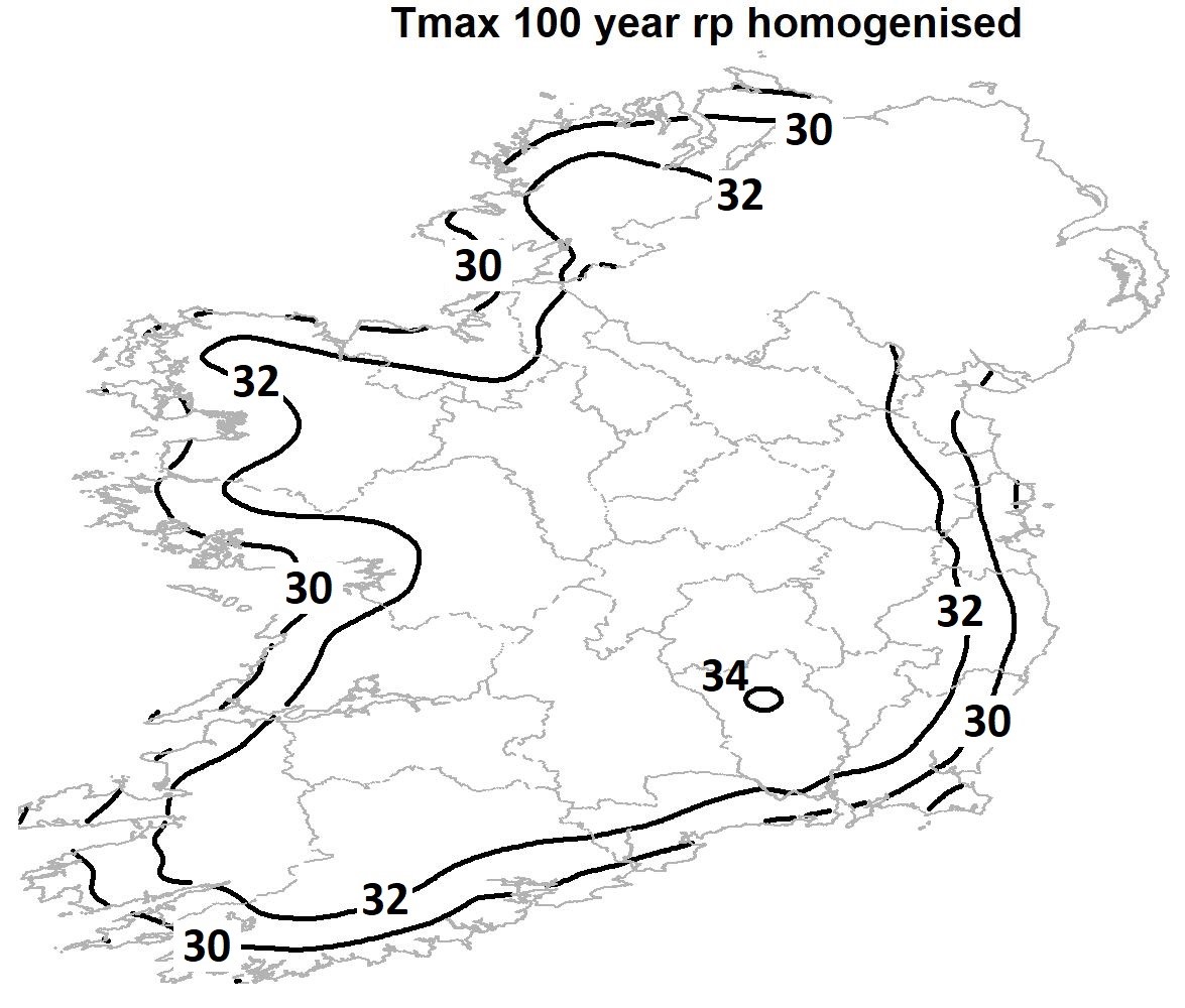 Isotherms of highest maximum shade air temperature (°C) at mean sea level in Ireland for a 100-year return period.
