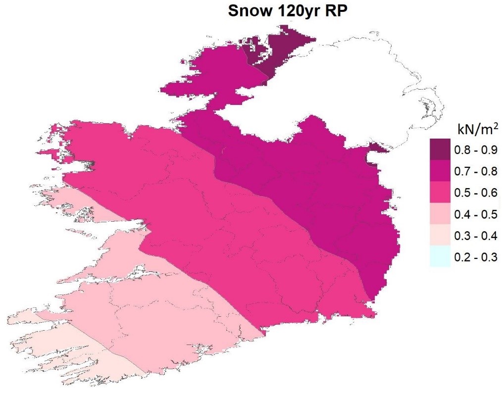 Return values of snow loadings at 100m above mean sea level in Ireland for a 120-years return period