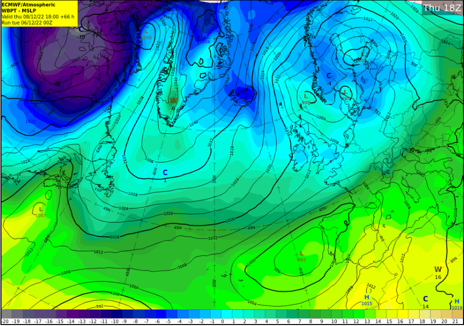 Airmass chart for Thursday 8th December showing a cold (blue) airmass extending southwards over Ireland.