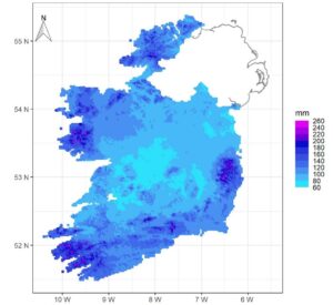 Return values for a 120-year return period for rainfall depths of 1-day duration in Ireland.